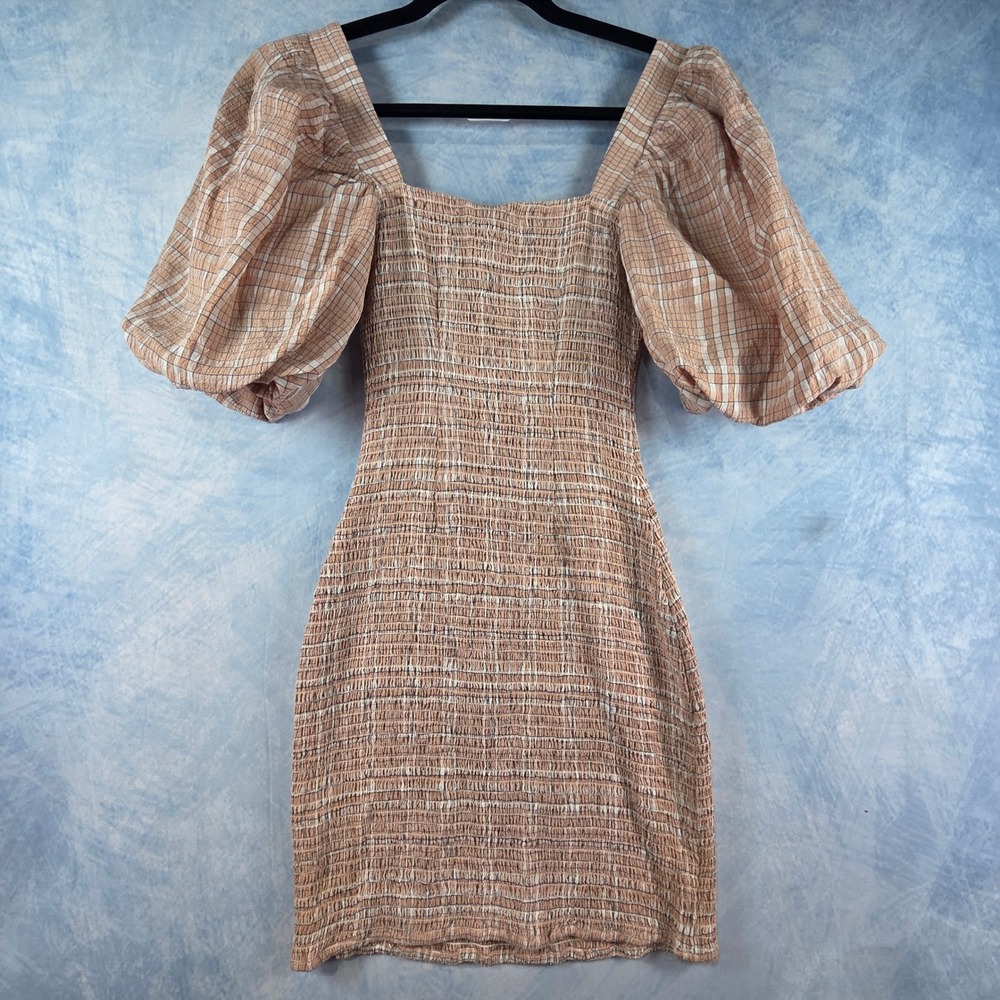 Atoir Fool To Love Dress Peach Plaid Smocked Puff Sleeve Mini Dress Sz 4 - Picture 7 of 8